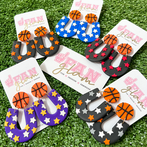 Welcome our new Star player to the court!  Our GameDay Tam Clay Co Haley Basketball Star Collection features all of your teams favorite colors!   It's the perfect way to add team color and a fun pop of print to your gameday attire.  Be the talk of the stands when you arrive wearing these stunning, one-of-a-kind pieces of Glam ear art!
