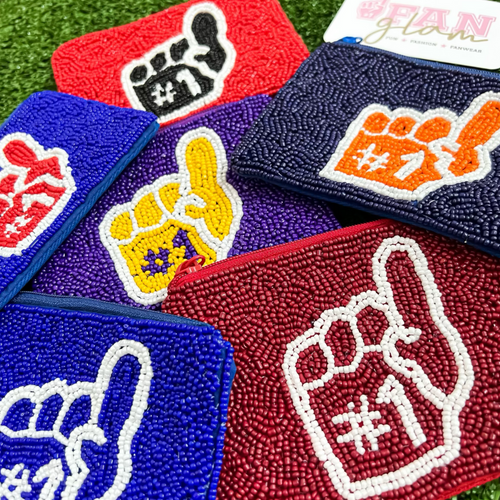 Show your #1 Fan Status and love for GAMEDAY, when you elevate your clear bag status and showcase this adorable beaded Foam finger coin purse featuring six iconic team colors!  A perfect sized team colored pouch to fit your cash, credit card lipstick and keys!