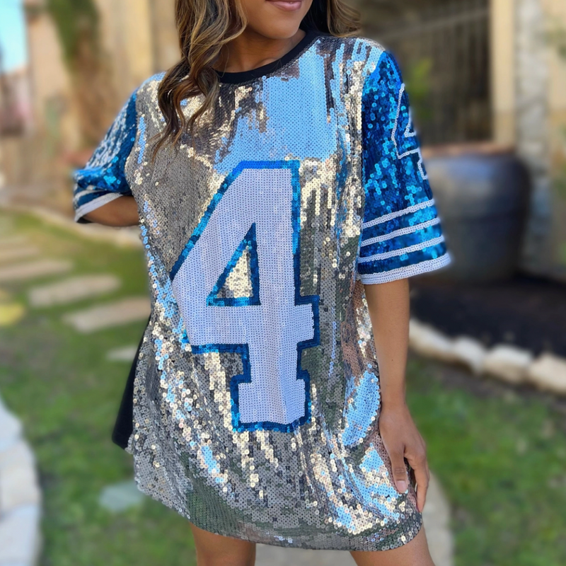 Sparkle and Shine while cheering on the Cowboys!  Our NEW Gameday Sequin #4 jersey will have you Game Time ready in no time.  Pairs perfectly with your favorite pair of white cowboy boots or when tailgate temperatures drop, add your favorite black leggings and booties! 