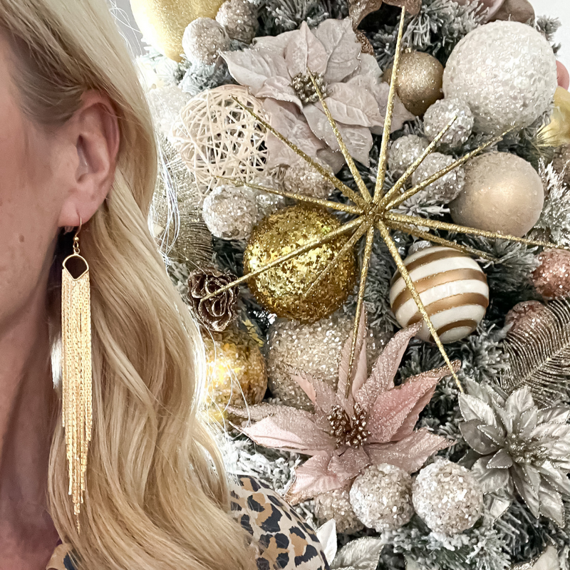 Well Hello Gorgeous!  Add a little sparkle and shine to your night out style with our Glamorama Fabulous Fringe Gold Dangle Earrings.  It's the perfect show stopper!
