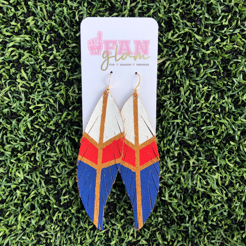 Stand out in the stands when wearing your favorite teams colors!  Our leather hand-painted trio colored feather earrings are the perfect accessory to coordinate your GameDay ensemble.  