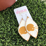 Show your love for the game when accessorizing your Game Day look with these one-of-a-kind distressed leather hand painted football helmet earrings.  Our custom hand painted leather earrings are the perfect accessory to coordinate with your GameDay ensemble.  