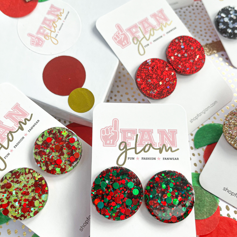 My new favorite go-to!  Our GameDay Glitter Glam Round Stud Earrings are the perfect pop of color + glam for this holiday season! Super lightweight and comfortable, you will forget you have them on.
