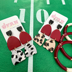 Our Gameday Tam Clay Co Kristin earrings are available in two prints Crimson and grey and Crimson tan leopard