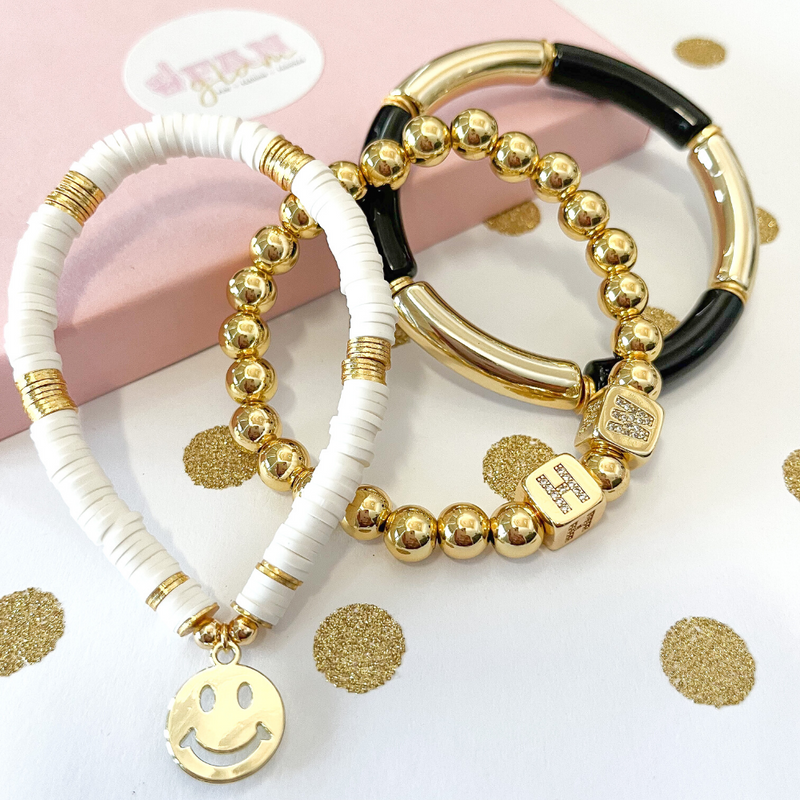 Show off your personal style + initials with our uniquely designed gold plated rhinestone initial bead bracelet designed custom for YOU!   Get custom personalization that's hard to find in a sophisticated and stylish gold block letter initial, MAMA, MOM or name bracelet.