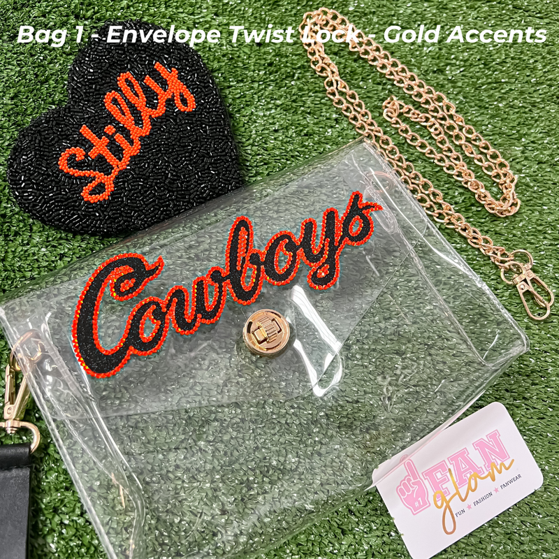 Just In!!  Our new Game Day stadium compliant crossbody bags, feature a clear PVC body with your choice of Cowboys OR Cowgirls team colored rhinestoned bling for ANY TEAM + ANY SPORT + on ANY BAG!  