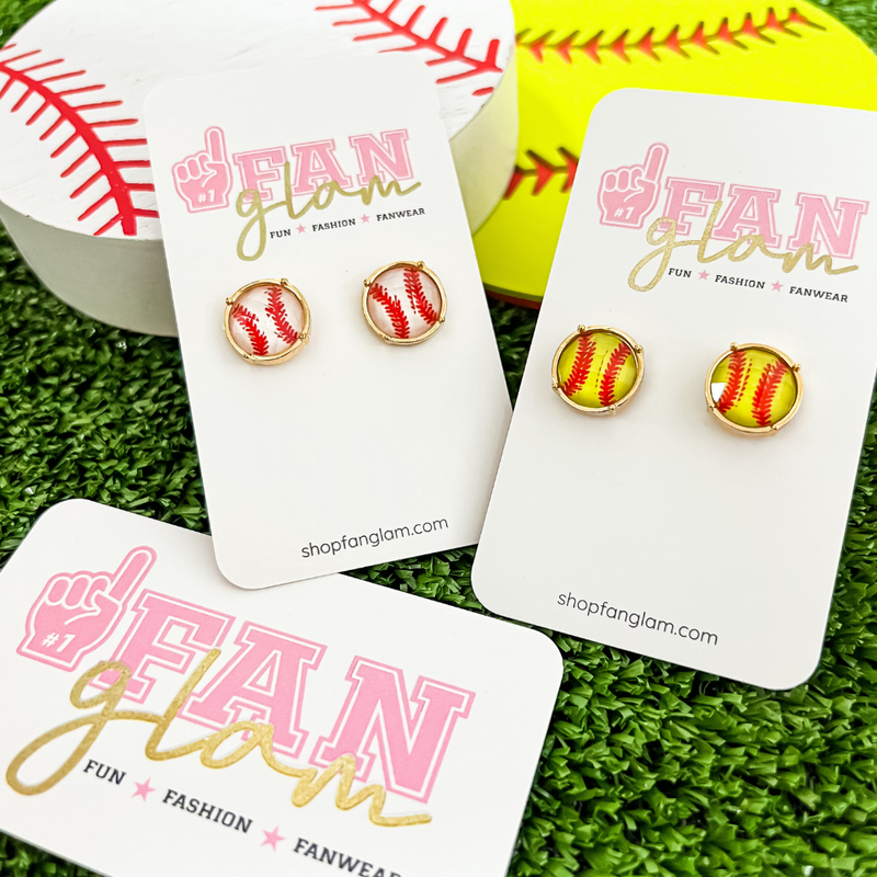 Sporty and retro chic our Beveled Sports Ball Stud earring collection is our NEW GameDay favorite!    Available in four fun sports options baseball, softball, volleyball and football, you'll be glam in the stands for each of your player's favorite teams! 