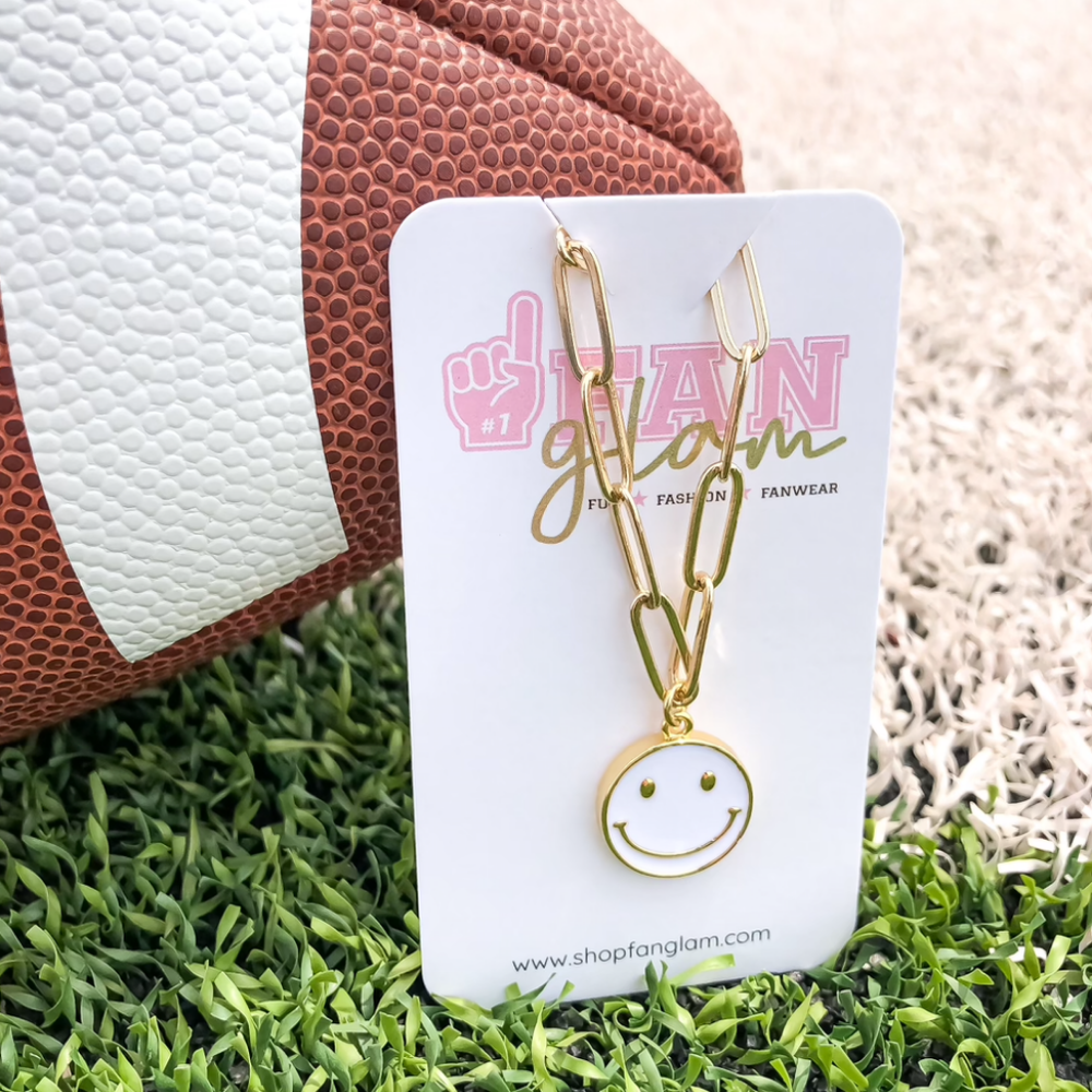 SMILEY FACE WHITE ENAMEL PAPER CLIP CHAIN NECKLACE