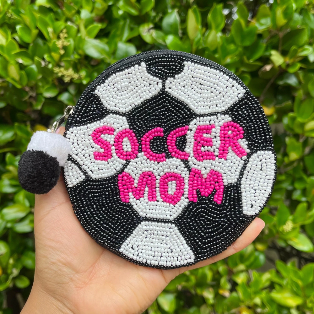 SOCCER MOM BEADED ZIP COIN POUCH