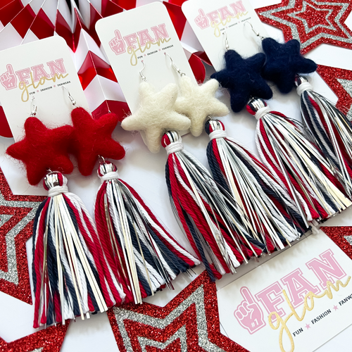Nothing says Red White and Blue more than our Star Tinsel POM POM Fringe earrings.  Our curated trio collection of patriotic colors,  Red, White and Classic Blue are a great staple for your Game Day ensemble and all your festive holiday celebrations.