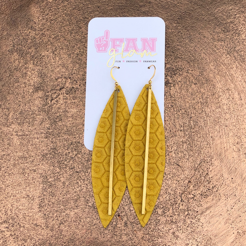Fan Glam's hand cut leather embossed HoneyComb Stix earrings are the perfect day-to-game earrings. Available in an array of rich color tones all featuring a gold brass bar.