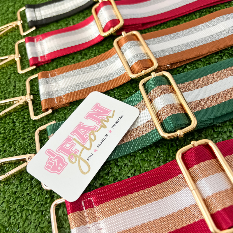 GameDay Bag Straps Are Here!  Our multi colored and adjustable crossbody and/or shoulder bag straps give you the flexibility to switch out your day-to-game personal style.   Soft, comfy and versatile, our canvas straps are 31-50” and 2” wide, making it easy to adjust your shoulder strap to your perfect length.