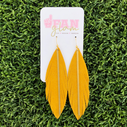 Add a little boho flair to your GameDay style when sporting Fan Glam's fabulous leather feather stunners, featuring a golden brass bar.