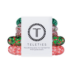TELETIES - YULETIDE MAGIC  Hold your hair and enhance your holiday style with TELETIES. The strong grip, no rip hair tie that doubles as a bracelet. Strong, pretty and stylish, TELETIES are designed to withstand everyday demands while taking your look to the next level.  This five pack includes 3 smalls and 2 large Teleties