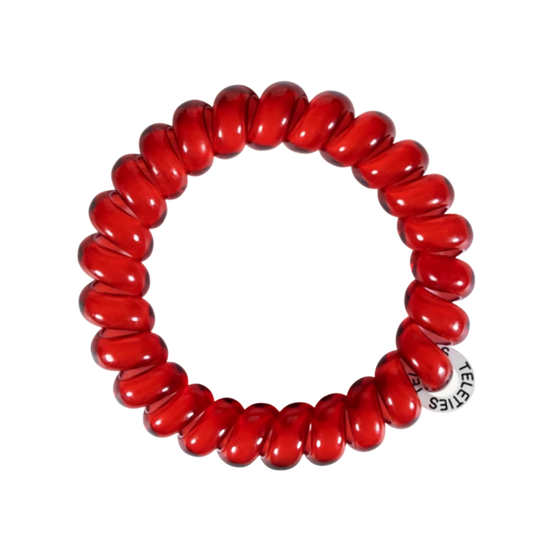 TELETIES - SCARLET RED  Hold your hair and enhance your style with TELETIES. The strong grip, no rip hair tie that doubles as a bracelet. Strong, pretty and stylish, TELETIES are designed to withstand everyday demands while taking your look to the next level.