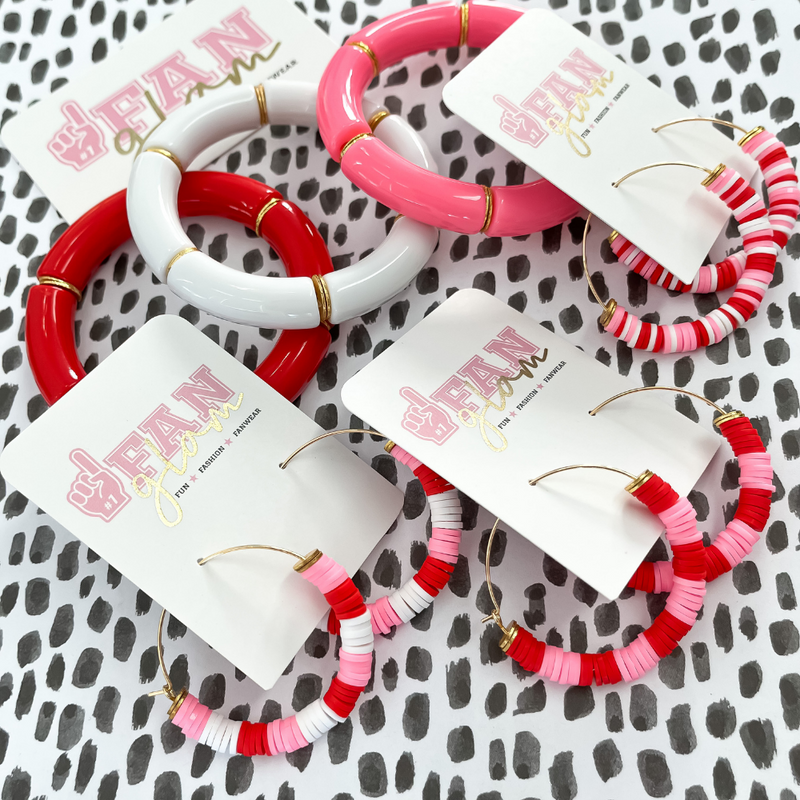 Valentine's Day is near and our Rookie Hoop earrings will give you a reason to cheer!  Our bright and fun multi-colored red, white and pink hoops are the perfect addition to your Valentine's GLAM attire.