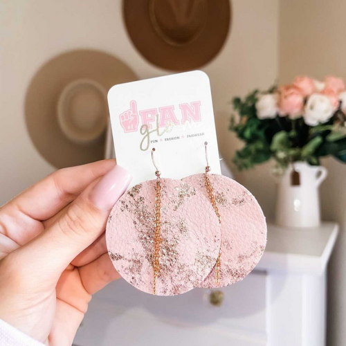 Just in time for Valentine's Day!  Add a little pretty-n-pink boho flair to your GameDay style when sporting these one-of-a-kind Blush/Metallic Rose Splash rose gold chain earrings.