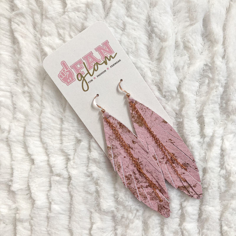 Just in time for Valentine's Day! Add a little pretty-n-pink boho flair to your GameDay style when sporting these one-of-a-kind Blush/Metallic Rose Splash rose gold chain earrings.
